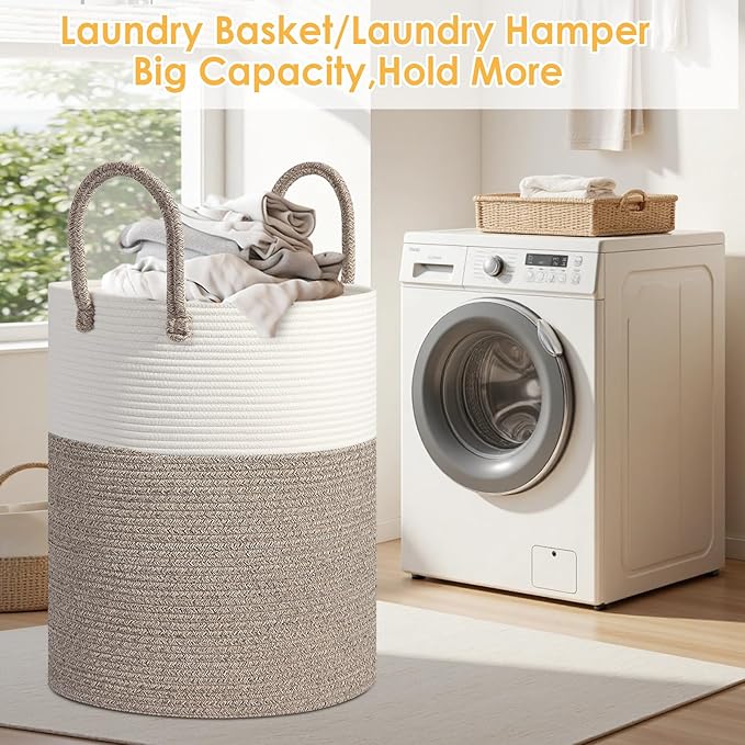Cotton Rope Laundry Basket, 60L Large Collapsible Storage Hamper with Handles, Sturdy Woven Basket for Blankets, Toys, Clothes, Decorative Tall Nursery Organizer for Living Room Bedroom,Beige