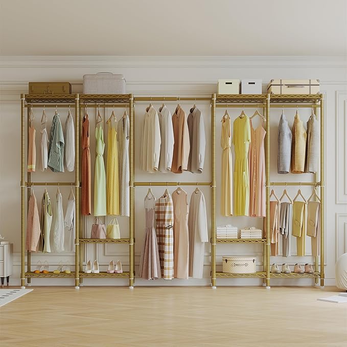 Higeego H5 Pro Heavy Duty Clothes Rack Wardrobe Closet for Hanging Clothes, Freestanding Garment Rack with Expandable Hanger Rods, Closet Organizer and Storage, (97.7-115.4")L x 15.7"W x 75.4"H, Gold