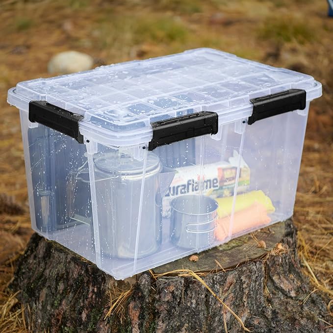 Sterilite 4 Pack 54 Qt Gasket Box, Clear Stackable Plastic Storage Container with Lids, Black - Waterproof Organizer and Dustproof Tote for Home Organization