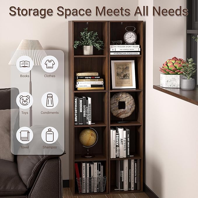 5 Cube Storage Organizer, Narrow Open Shelf Bookcase, Freestanding 5 Tier Low Display Bookshelf for Home Office, Living Room, Bedroom, Dark Brown & Black Walnut