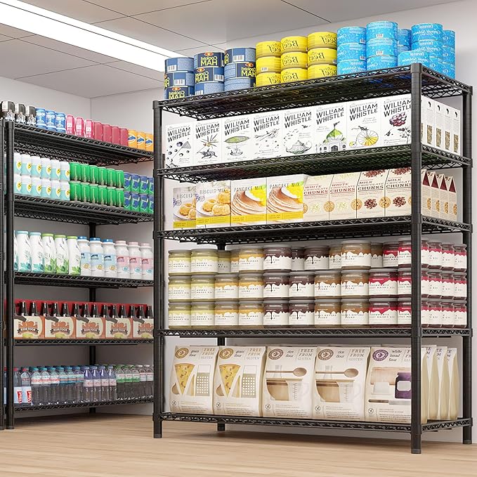 5 Tier Storage Racks Shelving, Heavy Steel Pantry Shelves, Adjustable Wire Shelving Rack with Wheels, Suitable for Garage, Kitchen, Bathroom, Office, 55" W x 24" D x 76" H, Black
