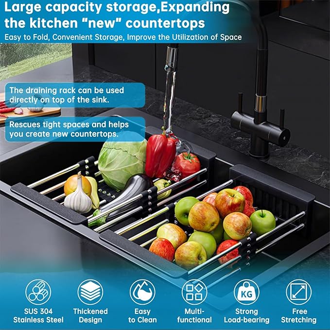 Over The Sink Dish Drying Rack, Stainless Steel Expandable Telescopic Drain Basket with Adjustable Arms - Functional Kitchen Sink Organizer for Dishes, Vegetables & Fruits (Large, Black)