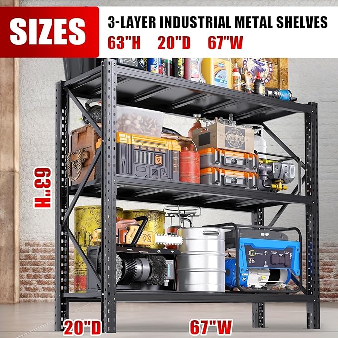 PRESTELION 67" W Heavy Duty Storage Shelves 5100LBS Garage Shelving, Adjustable 3 Tier Metal Shelves, Garage Storage Shelving and Pantry Industrial Shelf Utility Rack, 67" W × 20" D × 63" H