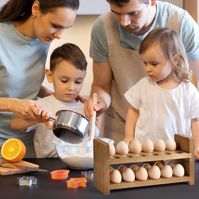 Sishynio Double Layer Egg Tray Holder Countertop - Wooden Fresh Egg Rack Stackable Storage Basket, 2 Tier Egg Organizer for Farmhouse Kitchen Refrigerator