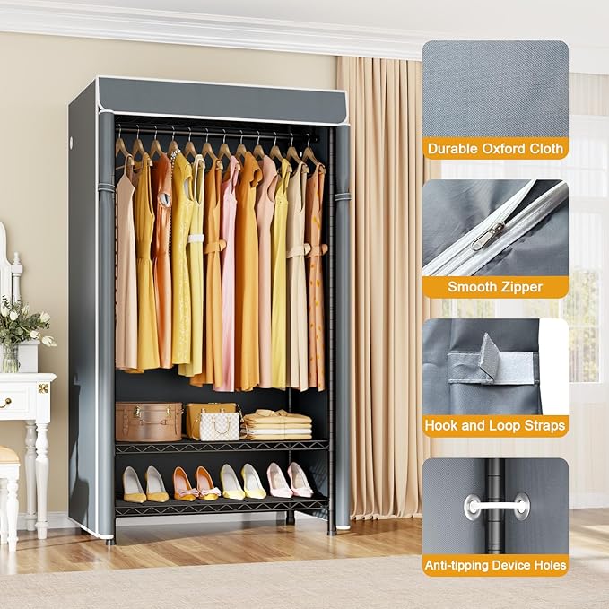 ULIFHOME H5C Clothes Rack with Cover, Portable Closet for Hanging Clothes, Covered Clothing Racks Heavy Duty, Freestanding Garment Racks with Shelves, Max Load 360LBS Black Closet Rack with Gray Cover