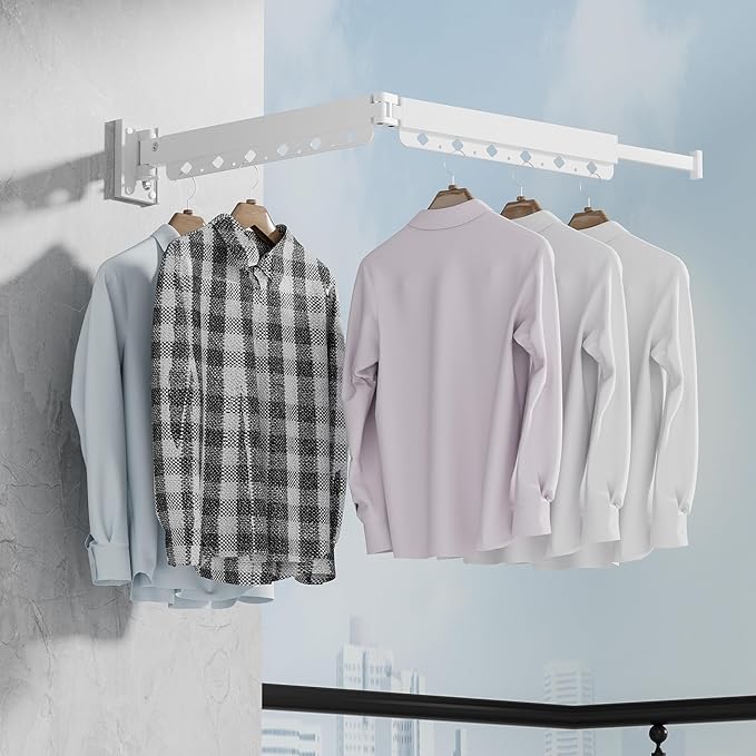 Wall Mounted Clothes Hanger Rack Folding Wall Mounted Clothes Hanger for Laundry (2-Fold White)
