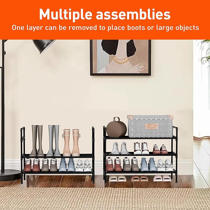 Shoe Rack 3 Tier Shoe Organizer Shoe Storage Shoe Rack for Narrow Hallway Entryway Bedroom Easy Assembly (Black)
