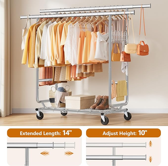 Gewudraw Heavy Duty Clothes Rack Load 900 Lbs, Double Rod Rolling Clothing Rack With Sturdy Wheel And Shelves，Adjustable Portable Hanging Rack For Clothes,Silver Stainless Steel