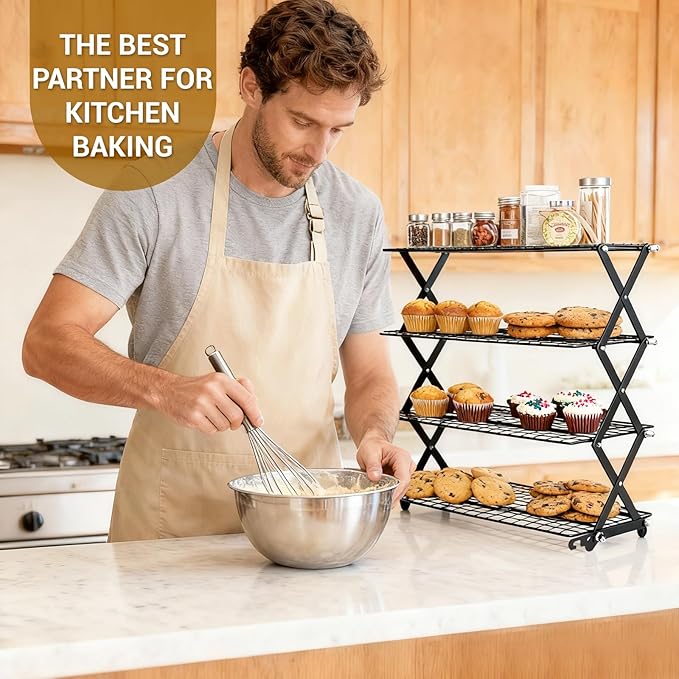 Collapsible Cooling Racks for Cooking and Baking - 4-Tier Adjustable Baking Rack, Cookie Cooling Rack & Bakers Rack, Essential Baking Supplies for Home Bakers, Non-Stick Cookie Rack
