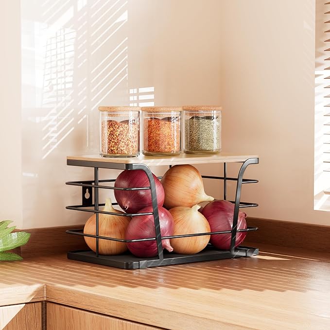 TIDIIABODE Pantry Organizers and Storage - Stackable Wire Basket with Lightweight PP Mat & Bamboo Top for Fruits Vegetables,Fruit Holder for Kitchen Countertop,Black