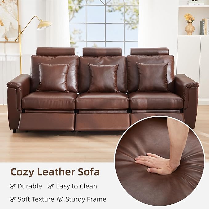 LEVNARY 3-Seater Modular Reclining Sofa, Upholstered Faux Leather Power Recliner Couch with 3 Electric Seats, 3 Pillows & Side Pockets, Adjustable Back & Footrest, Living Room Furniture (Brown)