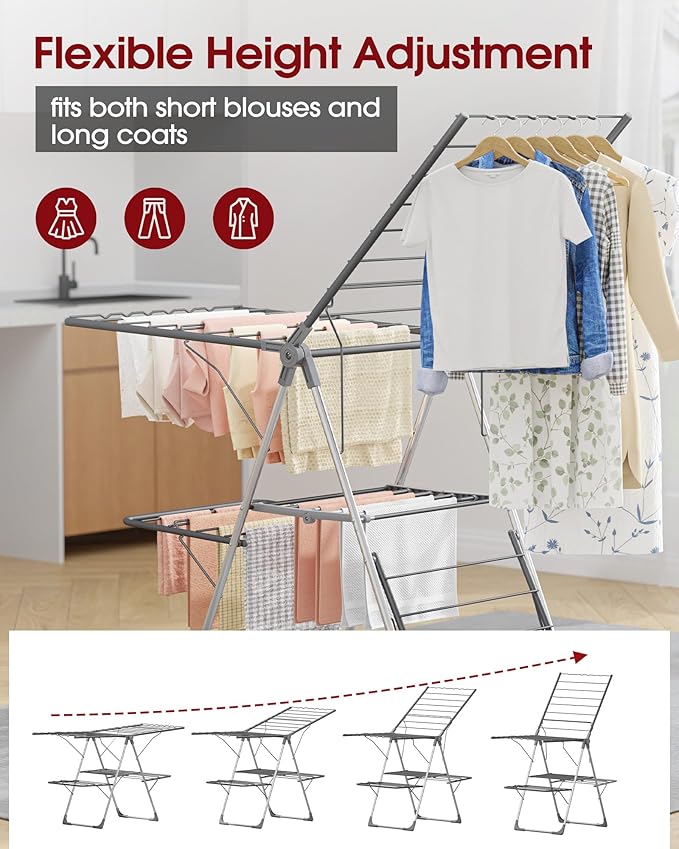 Sakugi Clothes Drying Rack, Foldable 2-Level Laundry Drying Rack with Height-Adjustable Wings, for Clothing & Bedding, Free-Standing Space-Saving Rack, Indoor & Outdoor, 55.5" L × 22.8" W, Gray
