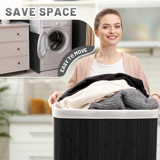 Aliphon 150L Laundry Hamper with lid, 3-Section Clothes Laundry Basket with Handles, Large Collapsible Bamboo Baskets for Bedroom, Bathroom, Dorm, Ink Black