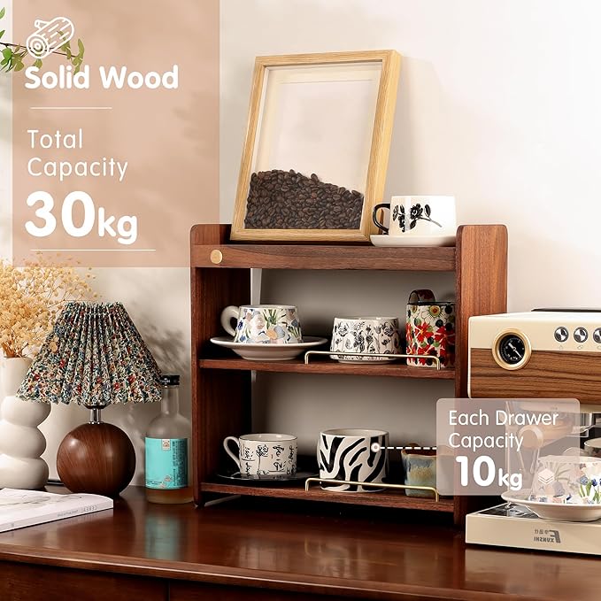 Coffee Mug Holder Wooden Cup Rack Mug Display Shelf Coffee Cup Holder for Countertop with 3 Tier Wood Coffee Mugs Holder for Kitchen Coffee Cup Storage