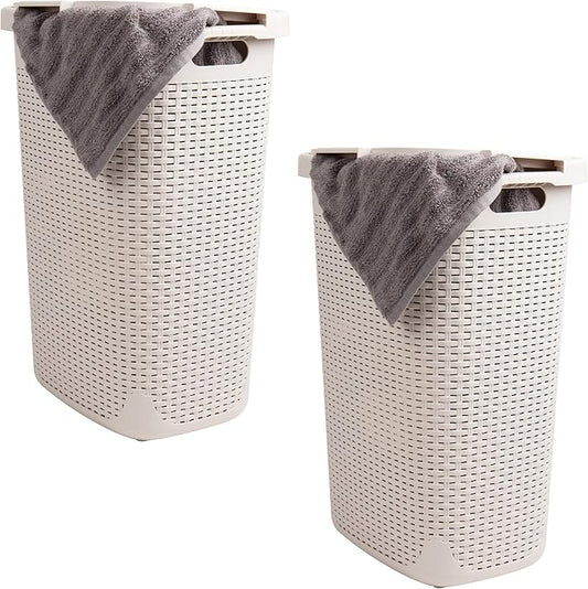 Mind Reader Slim Laundry Hamper with Lid, 60L Tall Clothes Basket, Narrow Tapered Design for Bathrooms, Closets and Laundry Rooms, Plastic, 2 Pack, Ivory