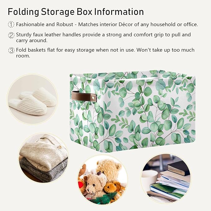 xigua Green Leaves Storage Basket Collapsible Storage Bins Waterproof Canvas Storage Basket with Leather Handles for Home Closets Offices,Bedrooms,Gift Baskets,2PCS