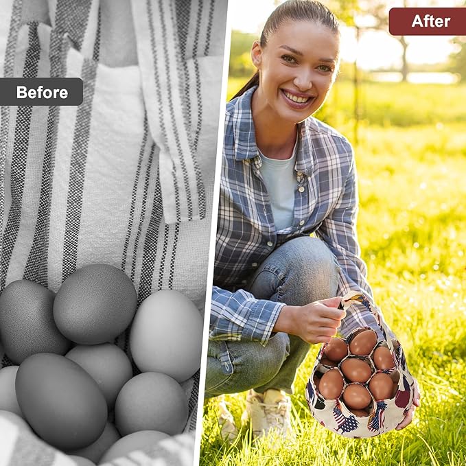 Egg Collecting Basket, Canvas Egg Basket for Gathering with 7 Pouches for Chicken, Duck, Goose, Bird, Various Poultry Collection (Flag Chicken)