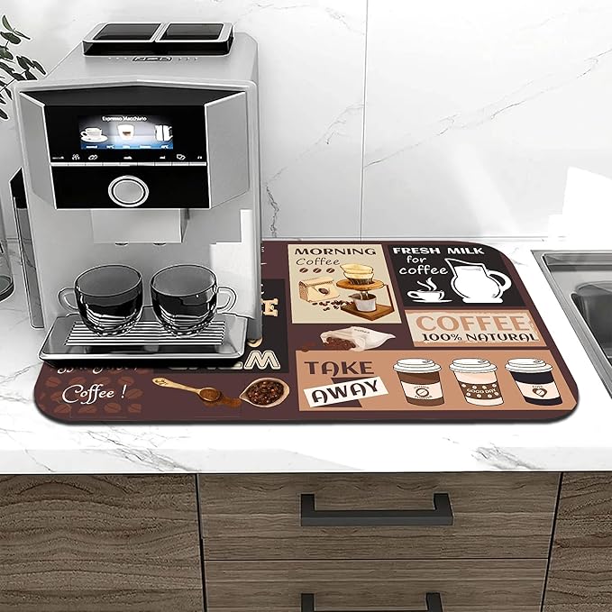 Retro Coffee Pattern Drying Mat 12" x 19", Non-Slip Absorbent Quick-Dry Mat, Protects Countertops from Spills Stains for Coffee Makers Espresso Machines