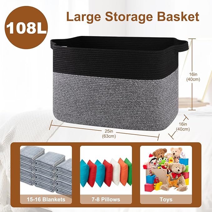 OIASKET XXXL Supre Large Blanket Basket for Clothes, Towels, Pillows, 108L Cotton Rope Storage Basket for Living Room, Supre Large Woven Toy Storage for Kids, 25" x 16" x 16", Black