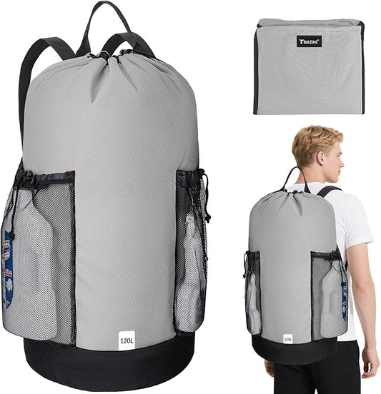 BALEINE 2PK 120L Laundry Bag Backpack, 900D Oxford Fabric Large Travel Laundry Bags with Shoulder Straps and 2 Mesh Pockets (Gray, 120L)