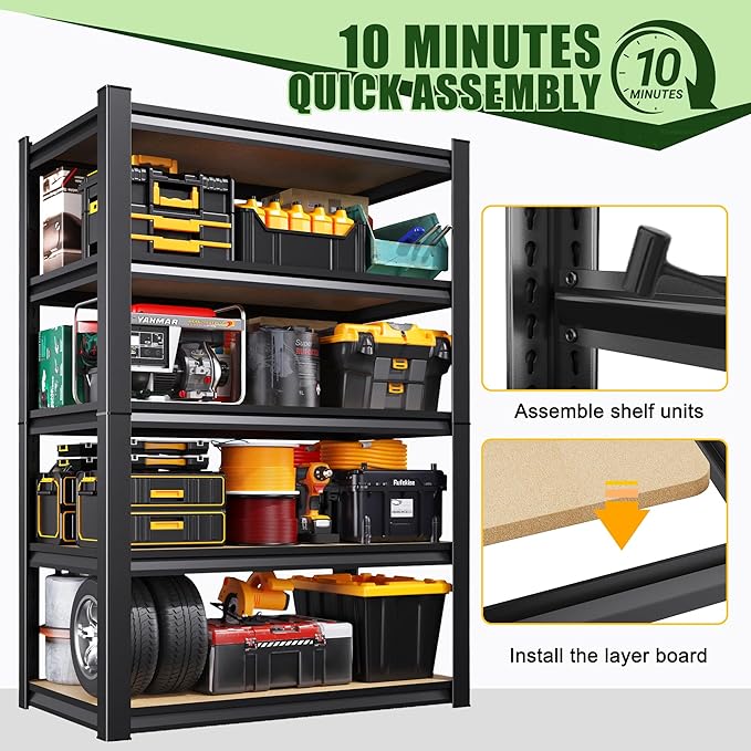 71.2" H Garage Shelving Heavy Duty Storage Shelves, Adjustable Metal Shelving Unit, Utility Garage Organizer Shelf for Basement, Pantry, Kitchen, Warehouse,13.8" D x 31.5" W x 71.2" H, Black