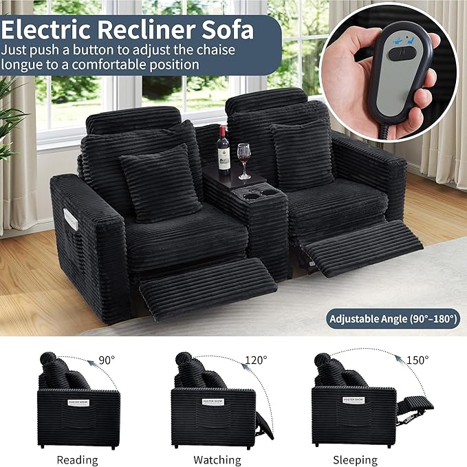 LEVNARY 2-Seater Modular Reclining Sofa with Center Console, Faux Rabbit Fur Power Recliner Loveseat with Cup Holders, USB Charging, Side Pockets & 2 Pillows, Living Room Furniture (Black)