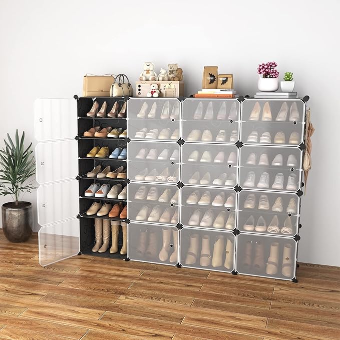 Portable Shoe Rack with Door, 64 Pairs Cabinet Easy Assembly, Plastic Adjustable Shoe Storage Organizer Stackable Detachable Free Standing DIY Expandable 8 Tier Black