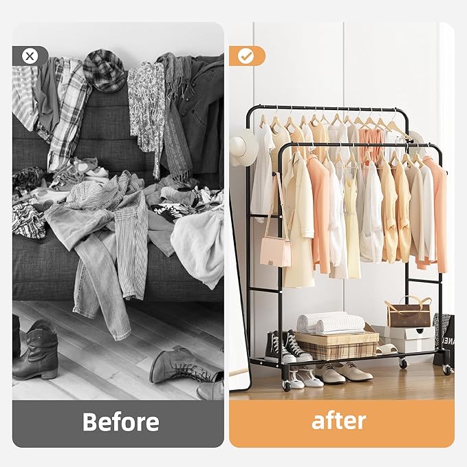 Sooyee Double Rod Clothing Rack with Wheels, 3 Tier Garment Racks for Hanging Clothes, Portable Clothes Rack with 4 Hooks for Bedroom, Laundry Room, Black