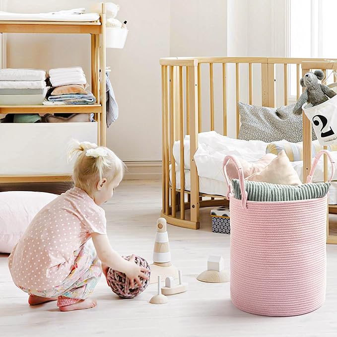 Laundry Basket – Laundry Hamper for Clothes, Blankets, Yoga Mat – Woven Cotton Rope Basket for Living Room, Nursery Room – Boho Style – 16”D x 22”H – Light Pink