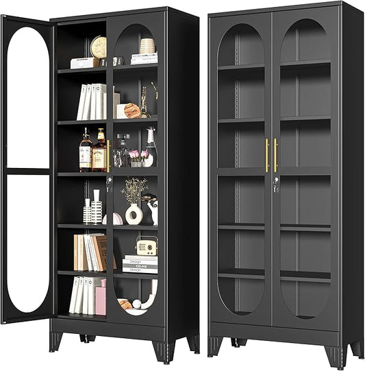 PAOFIN 75" H Locking Display Cabinet with Glass Door, Metal Curio Cabinets with 5 Adjustable Shelves, Tall Liquor Cabinet Display Case for Living Room, Wine, Clinic, Home - Assembly Required Black
