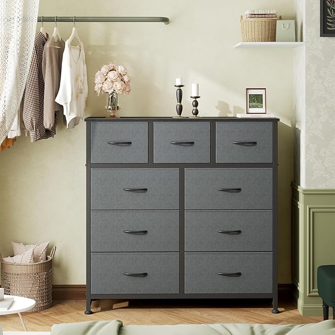 DUMOS Dresser for Bedroom, Dressers & Chests of Drawers Dresser Organizer, Wood Top Table Furniture with 9 Fabric Storage Tower Unit, Chest of Drawers for Closet, Living Room, Hallway, Porch