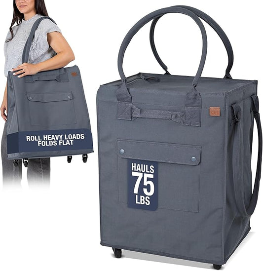 CleverMade Hauler Rolling Tote Bag, 90L Collapsible Portable Shopping Cart with Wheels for Groceries, Laundry, Organization