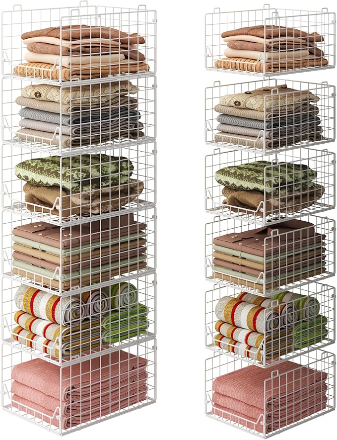 Jakyitvi 6-Tier Closet Shelf Organizer,Metal Stackable Closet Organizers and Storage,Clothes Storage Bins,Shelf Organizer Basket ,Folded Shelf Organizer for Closet Wardrobe,White