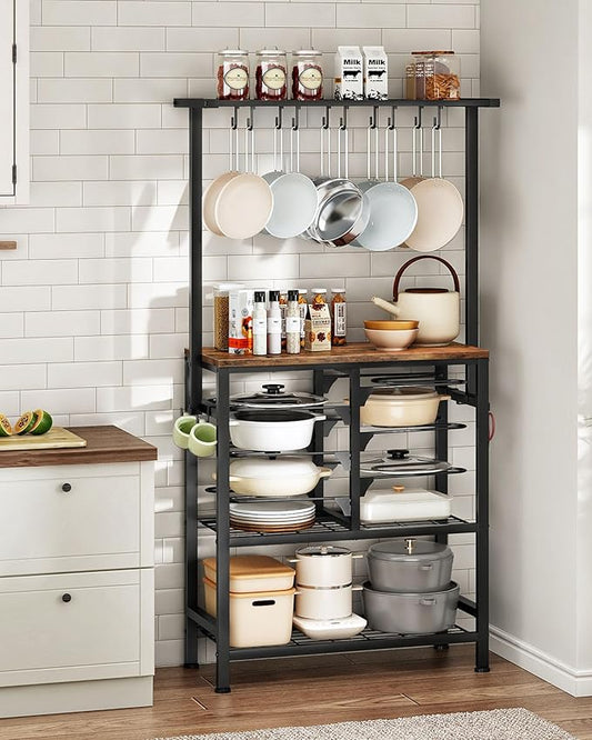 CHOEZON Pots and Pans Organizer Rack, Kitchen Bakers Rack, Multi-Tier Storage Shelf, Kitchen Island Table, Cooking Rack with Pots and Pans Storage, Rustic Brown and Black TPR60BF