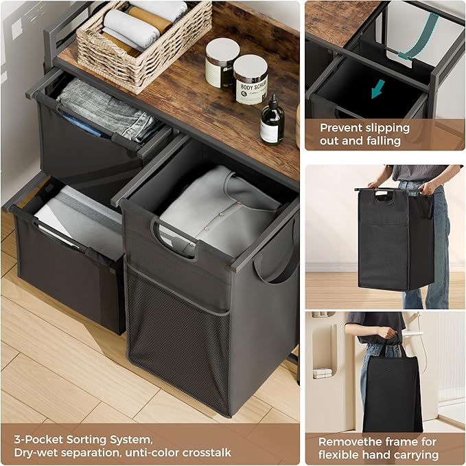 Mondeer Laundry Hamper with 3 Compartments, 100L Laundry Sorter with Wheels, Laundry Basket with Small Side Pockets and Pull-Out Removable Liners for Bedroom Bathroom