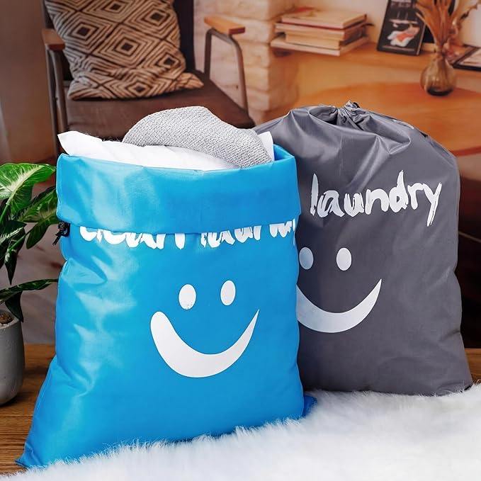 Shappy 2 Pcs XL Clean Laundry Bags Nylon Travel Laundry Bag with Drawstring Machine Washable Dirty Clothes Organizer Bag Storage Bags for Hamper or Basket, 23.6 x 17.7 Inch(Gray, Blue)