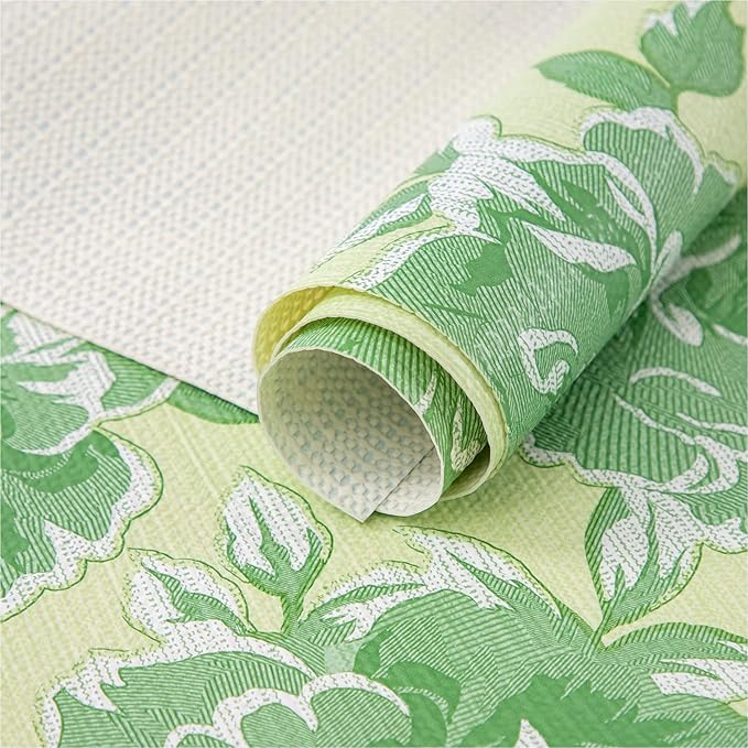 FIFTY FEET 12X120 Inch Shelf Liner for Kitchen Cabinets, PVC Drawer Liner for Dresser Non-Slip Bathroom, Non-Adhesive Cabinet Liner Washable (Green Flower)(4 Roll)