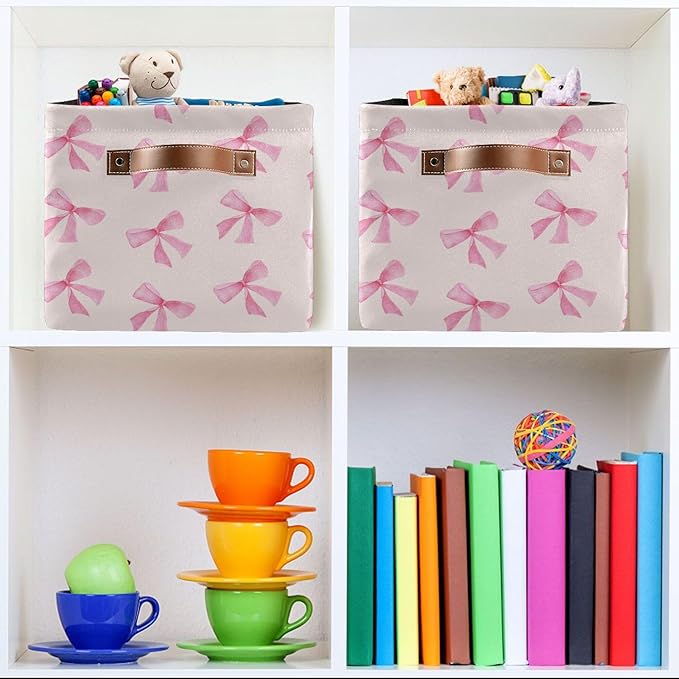 xigua Bow Storage Basket Collapsible Toy Storage Bins Waterproof Canvas Storage Basket with Leather Handles for Home Closets Offices,Bedrooms,Toy and Gift Baskets,2PCS