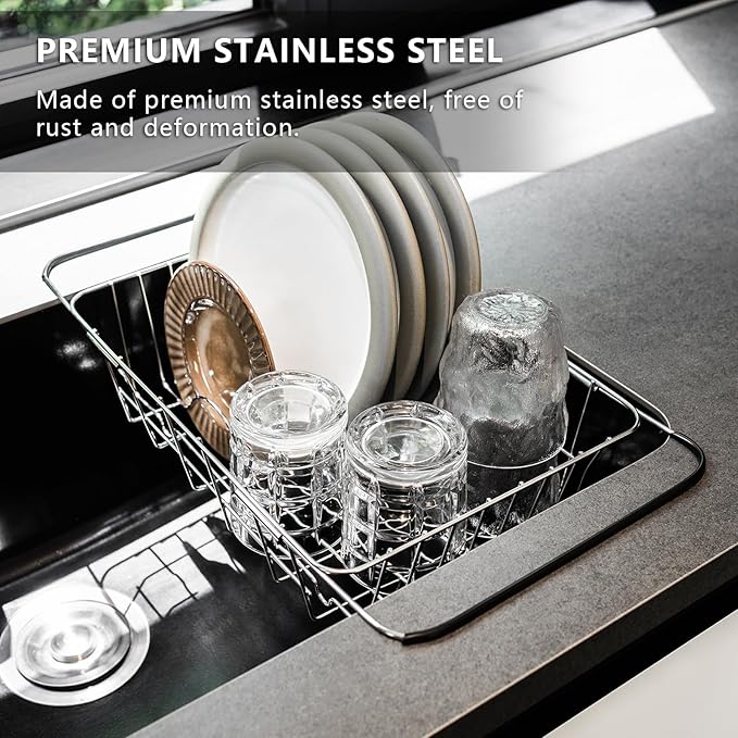 Expandable Dish Drying Rack in Sink or Over The Sink - 18/8 Stainless Steel Dish Rack/Drainer/Strainer/Dishrack for Kitchen Counter or RV - Adjustable, Deep and Large, Rustproof, Black