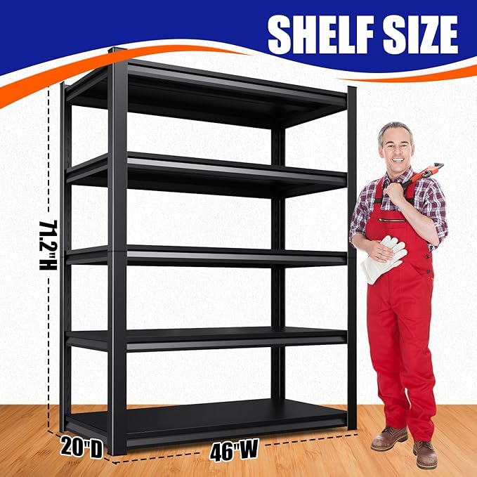 Set of 2 Garage Shelving Heavy Duty Storage Shelves, Metal Adjustable Shelving Unit, Utility Garage Organizer Shelf for Basement, Pantry, Kitchen, Warehouse, 20" D x 46" W x 71.2" H, Black
