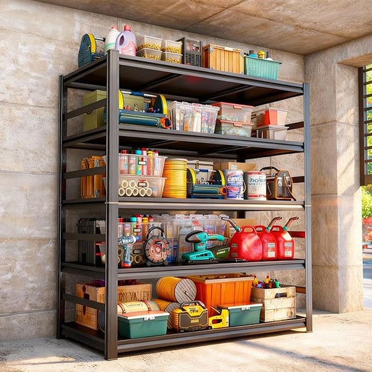 PRESTELION 47" W Garage Shelving Unit 3000LBS Storage Shelves Heavy Duty Adjustable Metal Shelf 5 Tier Storage Rack for Basement, Warehouse, Pantry, Closet, Kitchen 73" H x 47.3" W x 23.6" D, Black