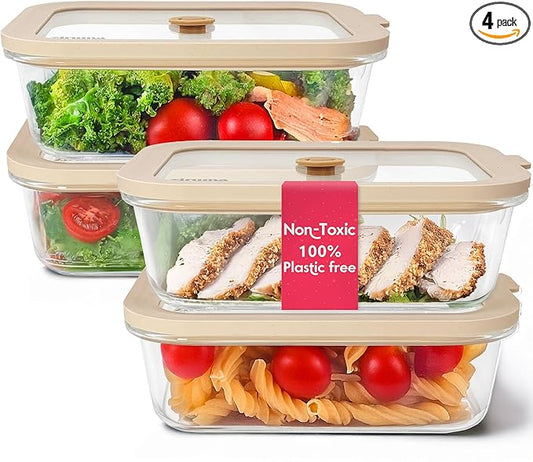 Non-Toxic 35 Oz (4.4 Cup) Glass Storage Containers with Lids – Plastic Free Meal Prep Containers for Lunch, Airtight Food Storage, Microwave and Freezer Safe, 4 Pack - Ziruma