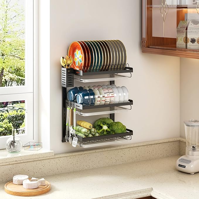 PUSDON 3 Tier Wall Mounted Dish Drying Rack, Black Rustproof Hanging Dish Drainer Organizer with Utensil Holder & Removable Drainboards, Adjustable Heavy Duty Kitchen Space Saver