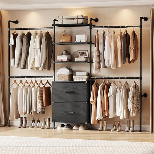 ONBRILL T2 Wall Mounted Industrial Pipe Clothing Rack, Closet Organizers and Storage System with 2 Drawers, 6 Wooden Shelves & 4 Expandable Rods, Heavy Duty Garment Rack, Wardrobe (Black))
