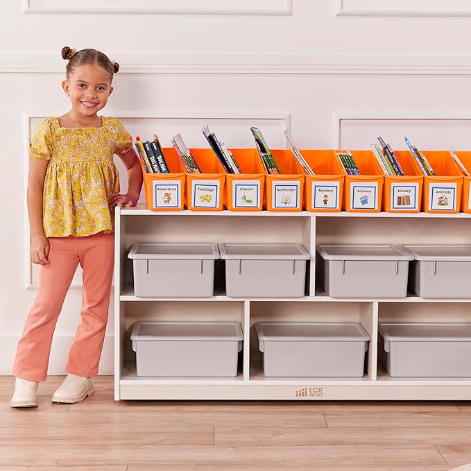 ECR4Kids Linking Plastic Storage Book Bin, Multipurpose Organization, Neon Orange, 10-Piece