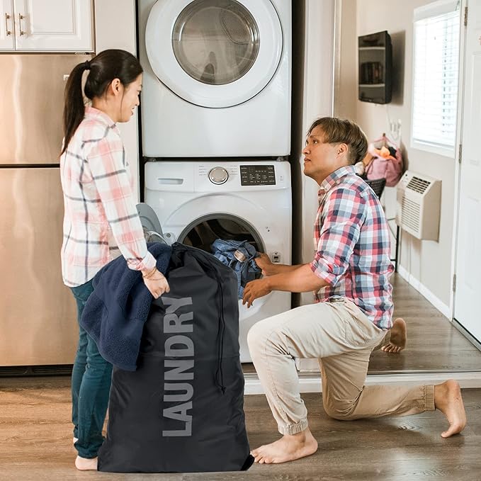 Washable Drawstring Laundry Bags 2 Pack Extra Large Heavy Duty College Dorm Dirty Laundry Clothes Travel Bag and Gym Clothes Bag for Guys and Girls (Black "Laundry")