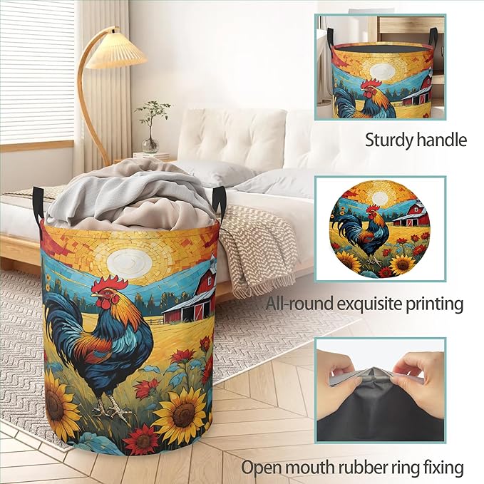 Laundry Basket With Handle, Dirty Clothes Laundry Hamper, Oxford Cloth Bin Storage Organizer for Toy Collection (Vintage Rooster)