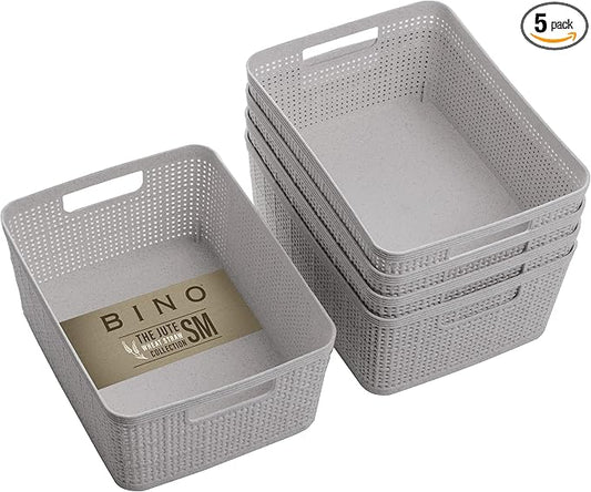 BINO | Woven Plastic Basket | Small (Natural Grey), 5-Pack | THE JUTE COLLECTION | Home Organization, Space - Saving Storage, Stylish Design | Jute Basket | Plastic Storage Basket