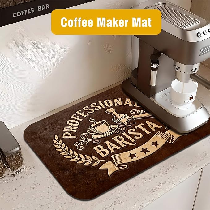Vintage Coffee Drying Mat 12" x 19", Non-Slip Absorbent Quick-Dry Mat, Rustic Coffee Bar Decor and Countertop Protector
