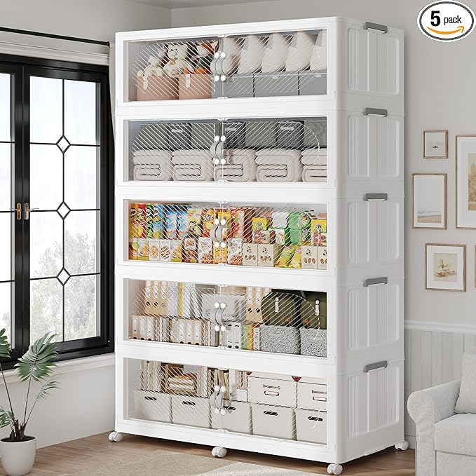 300Gal/1200QT 5-Tiers Extra Large Stackable Storage Bins with Lid, Collapsible Cabinet Closet Organizer Plastic Container Box with Wheels Doors Drawers for Office Dorm Kitchen Office, White